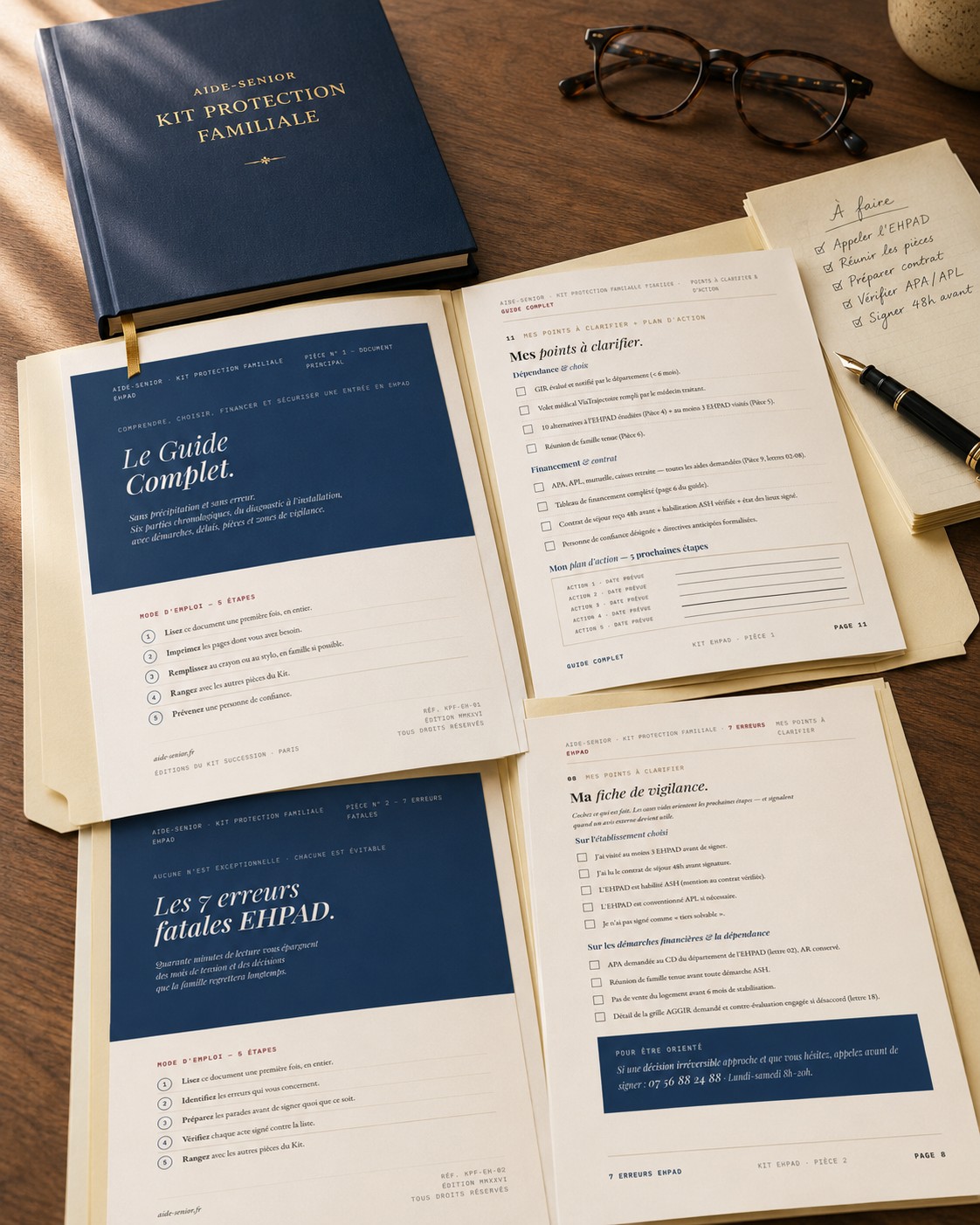 Dossier EHPAD ouvert sur la table avec le Guide Complet et les fiches à clarifier